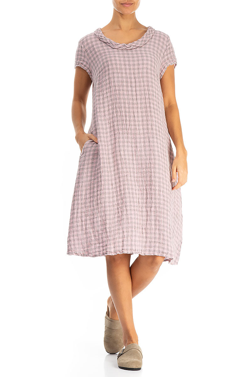 Short Sleeves Cowl Neck Pink Check Linen Midi Dress 4