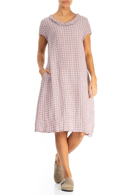 Short Sleeves Cowl Neck Pink Check Linen Midi Dress 4