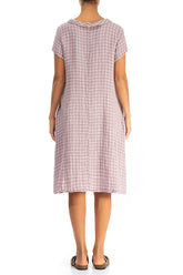 Short Sleeves Cowl Neck Pink Check Linen Midi Dress 2