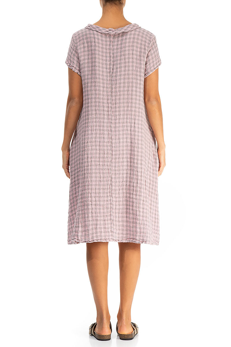 Short Sleeves Cowl Neck Pink Check Linen Midi Dress 2