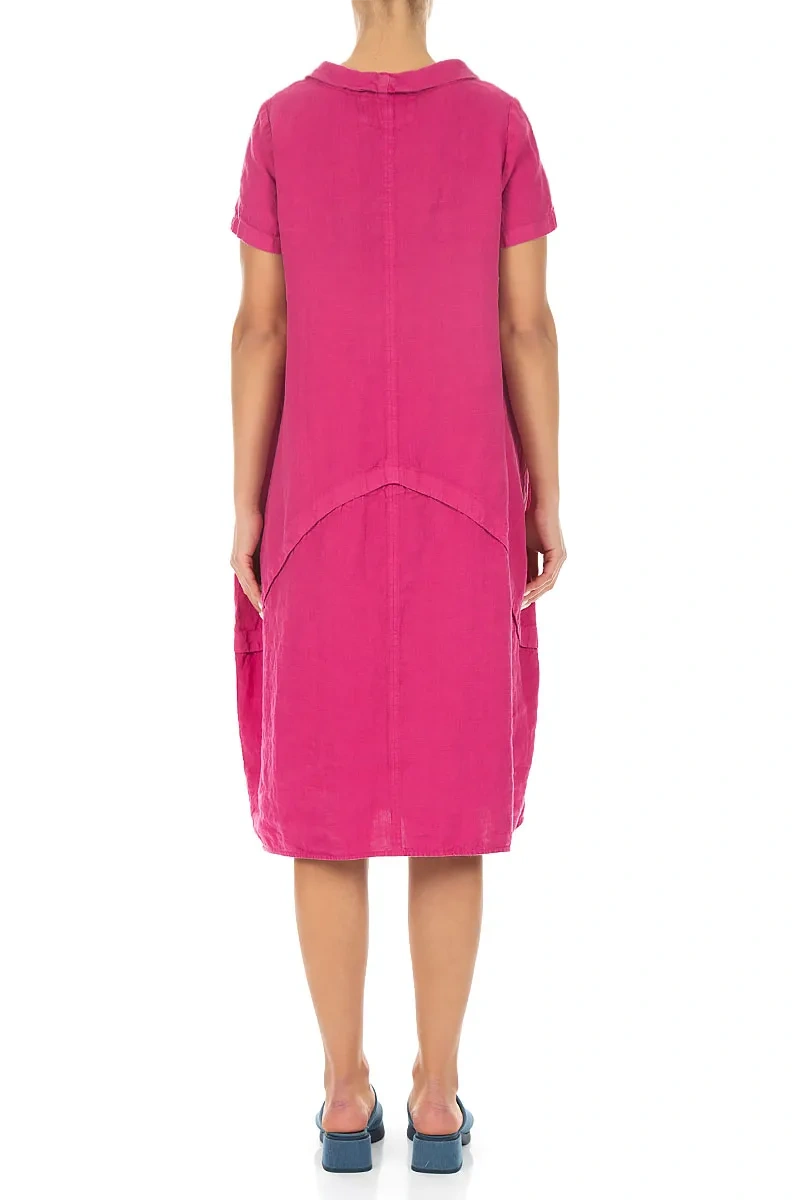 Kurzärmeliges tailliertes Leinenkleid in Fuchsia