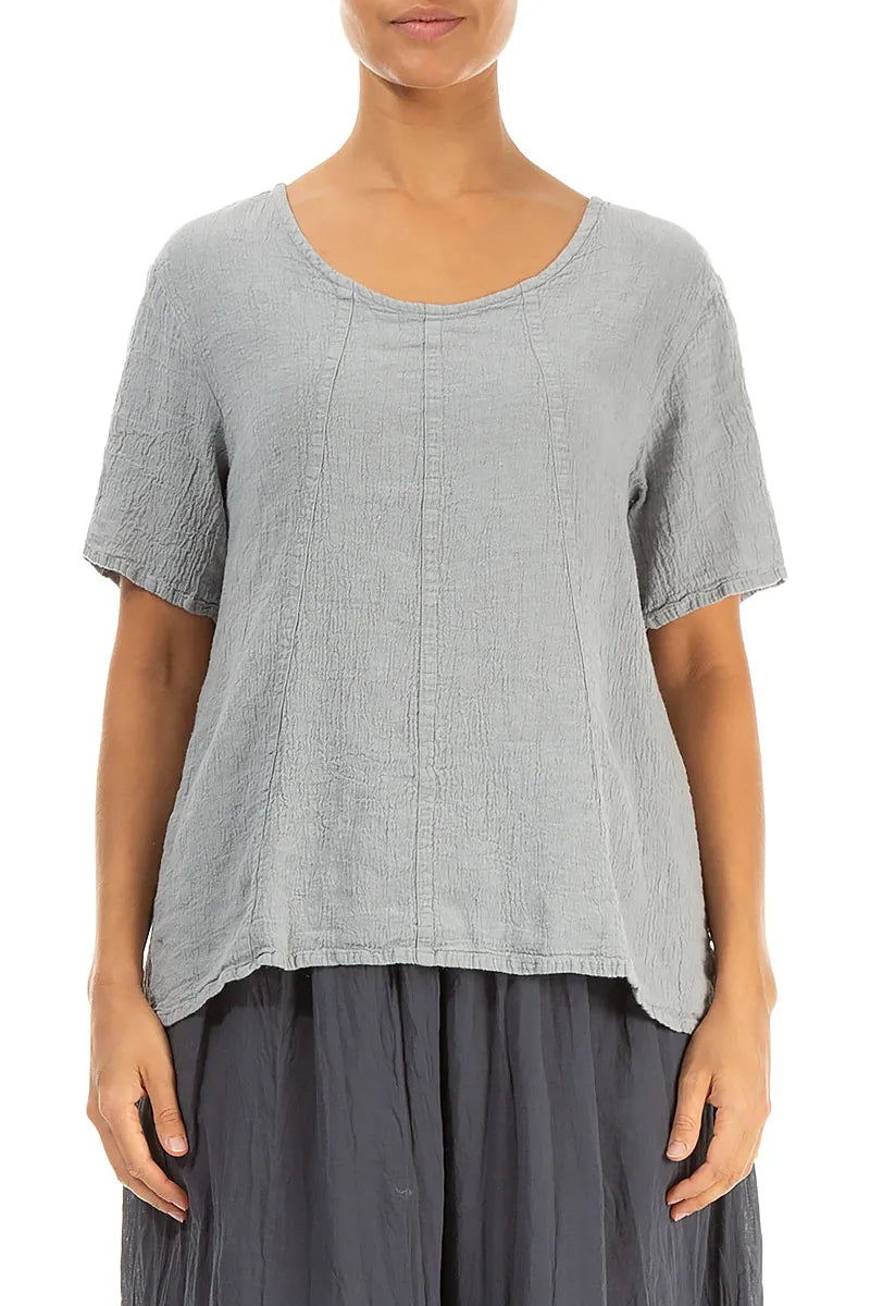 Short Sleeves Silver Grey Textured Linen Blouse
