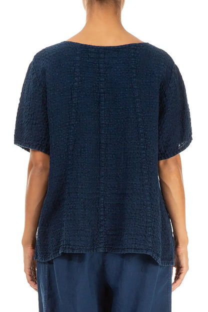 Short Sleeves Textured Navy Linen Blouse 2