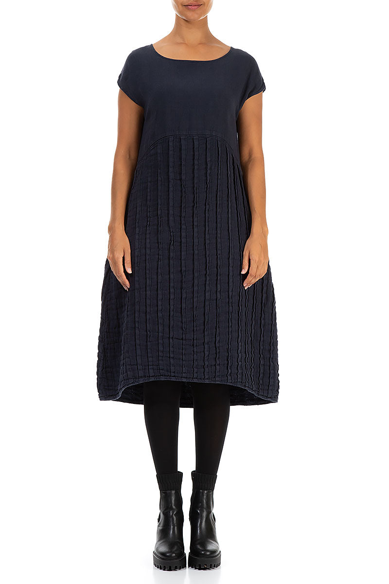 Short Sleeves Navy Pleated Linen Dress 1