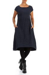 Short Sleeves Textured Navy Linen Dress 4