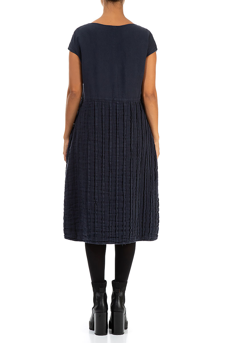 Short Sleeves Navy Pleated Linen Dress 2
