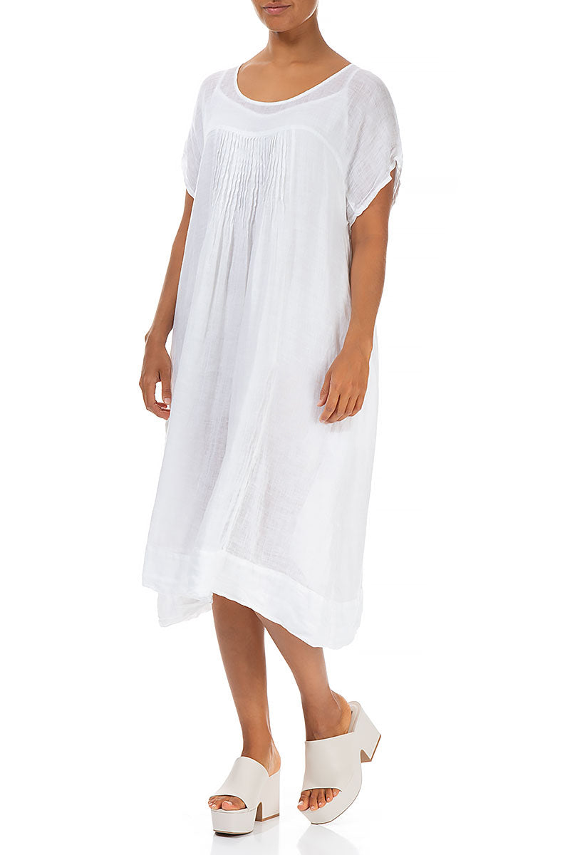 Kurzarm-Midi-Kleid aus weißem Gaze-Leinen