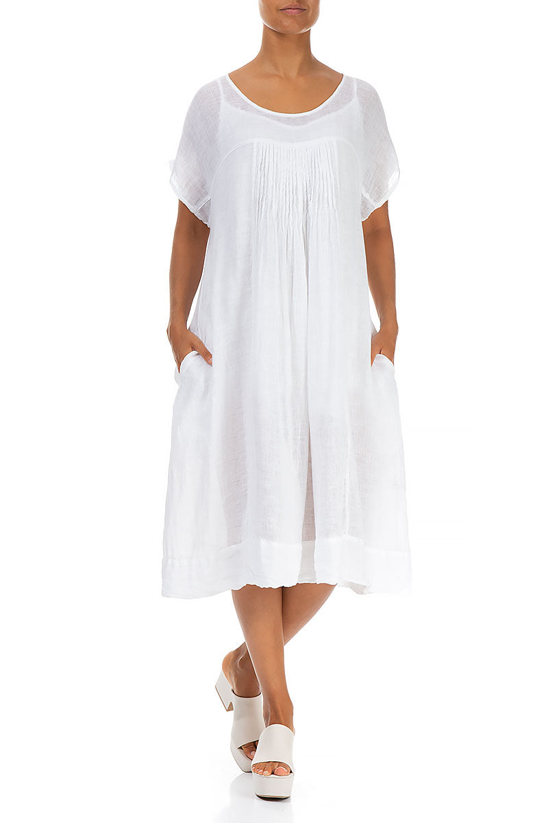 Kurzarm-Midi-Kleid aus weißem Gaze-Leinen