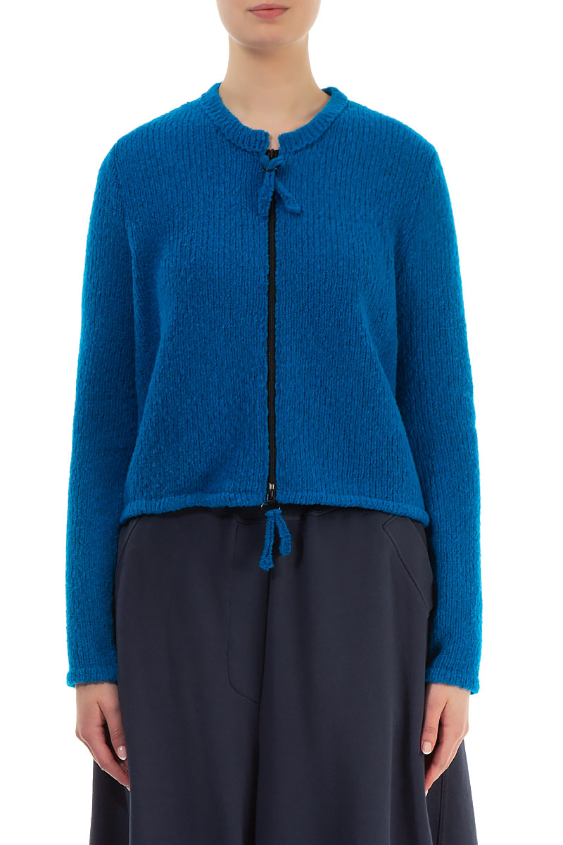 Short Zip Closed Azure Blue Wool Cardigan 1