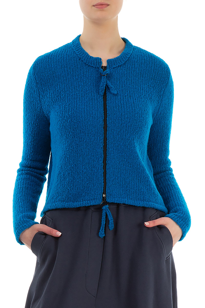 Short Zip Closed Azure Blue Wool Cardigan 3