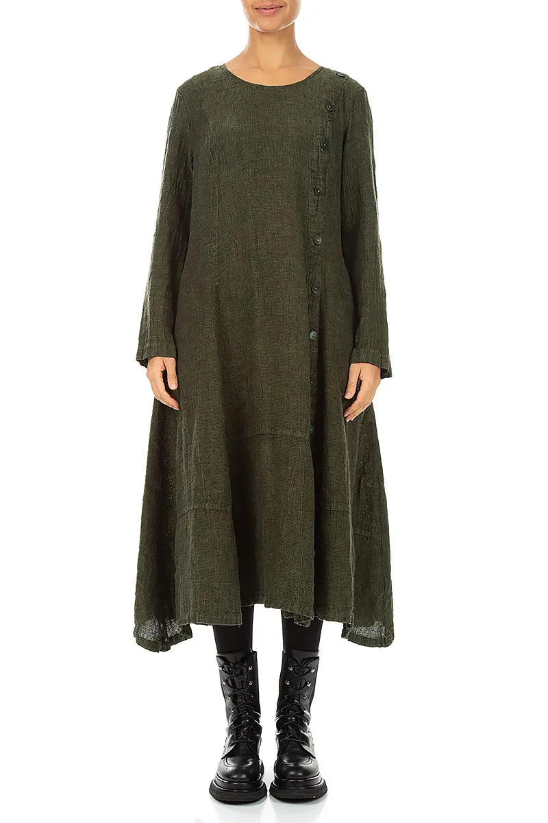 Side Buttons Forest Mist Mélange Linen Dress 1