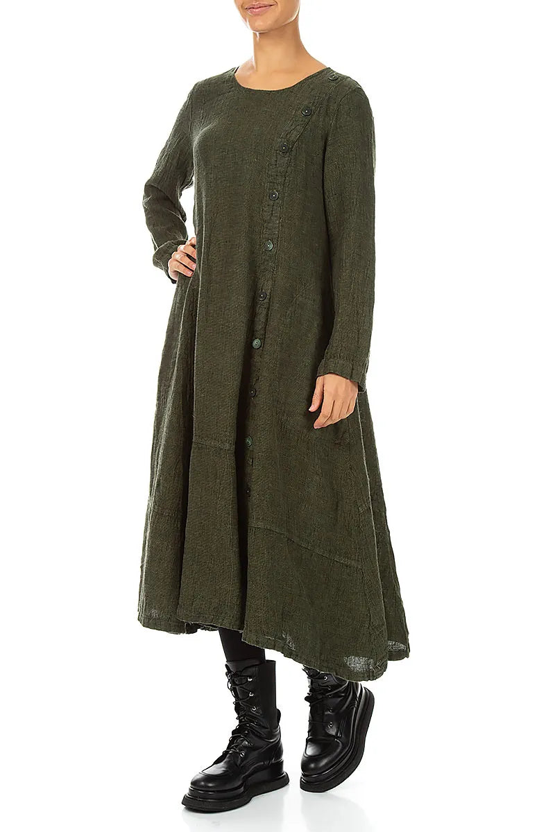 Side Buttons Forest Mist Mélange Linen Dress 3