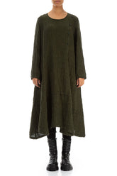 Side Buttons Olive Mélange Linen Dress 1