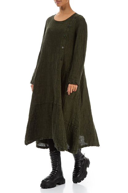 Side Buttons Olive Mélange Linen Dress 3