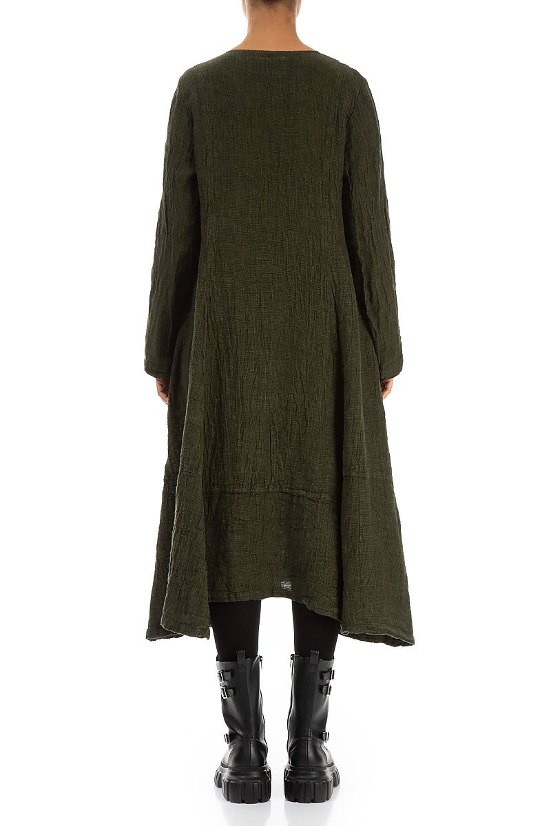 Side Buttons Olive Mélange Linen Dress 2