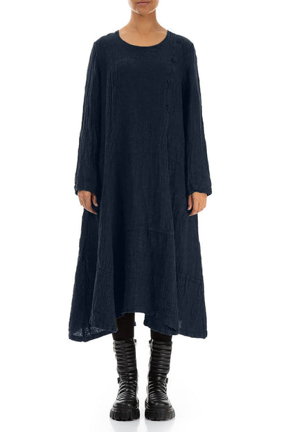 Königsblaues meliertes Leinenkleid mit seitlichen Knöpfen