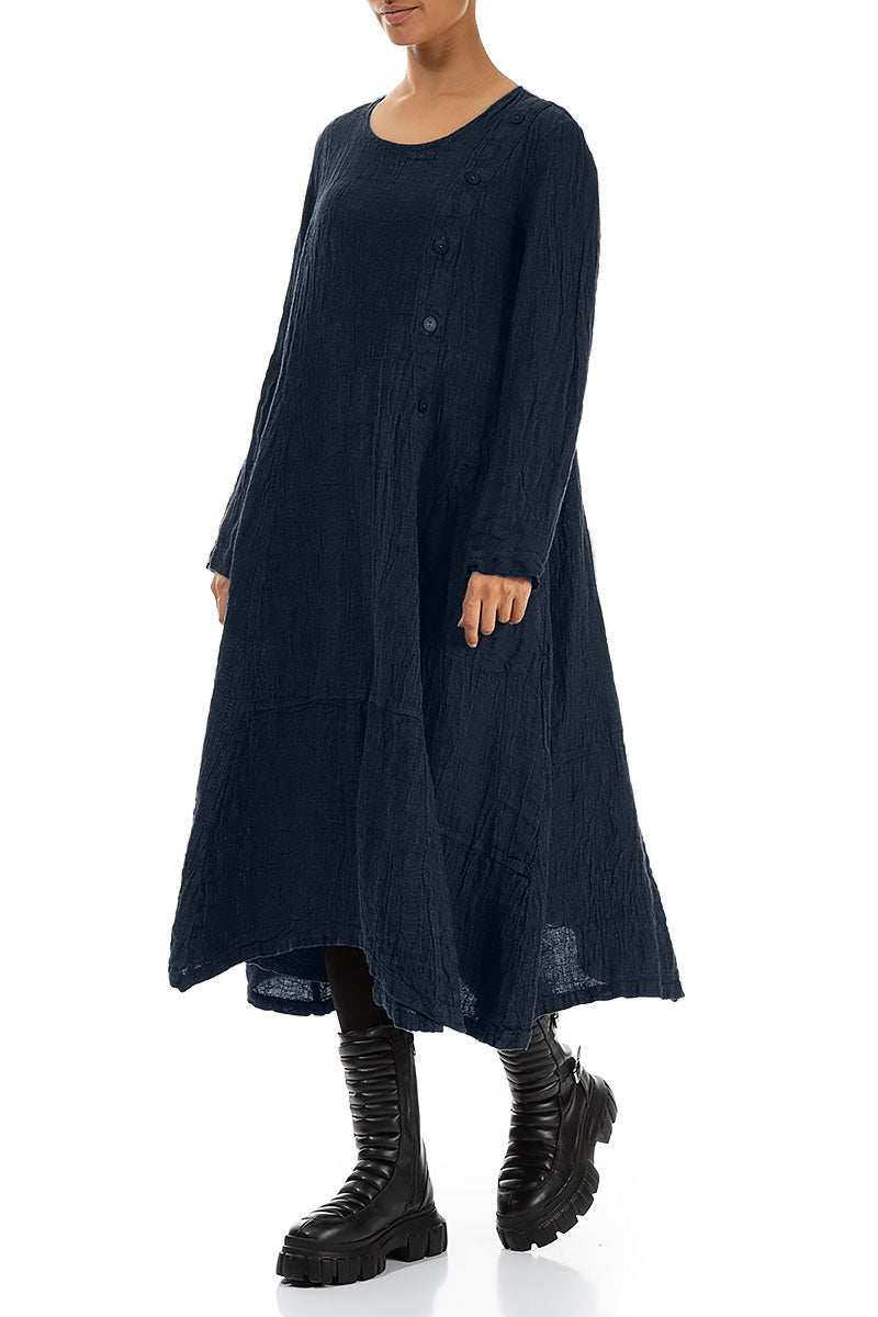 Side Buttons Royal Blue Mélange Linen Dress 3