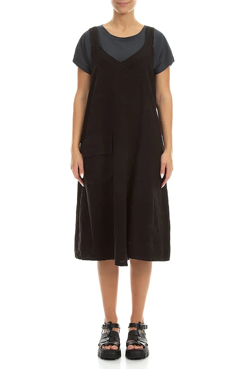 Schwarzes Leinen-Trägerkleid mit Seitentasche