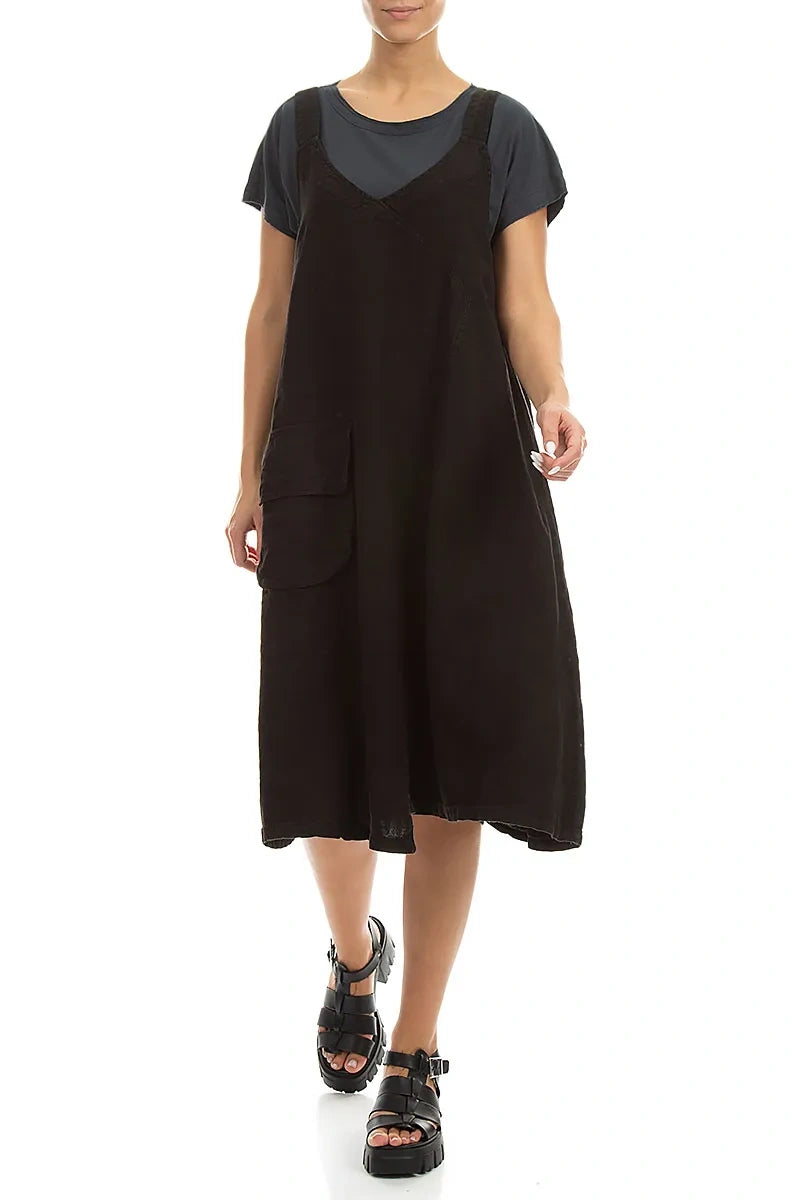Schwarzes Leinen-Trägerkleid mit Seitentasche