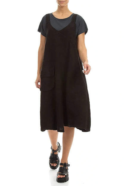 Schwarzes Leinen-Trägerkleid mit Seitentasche