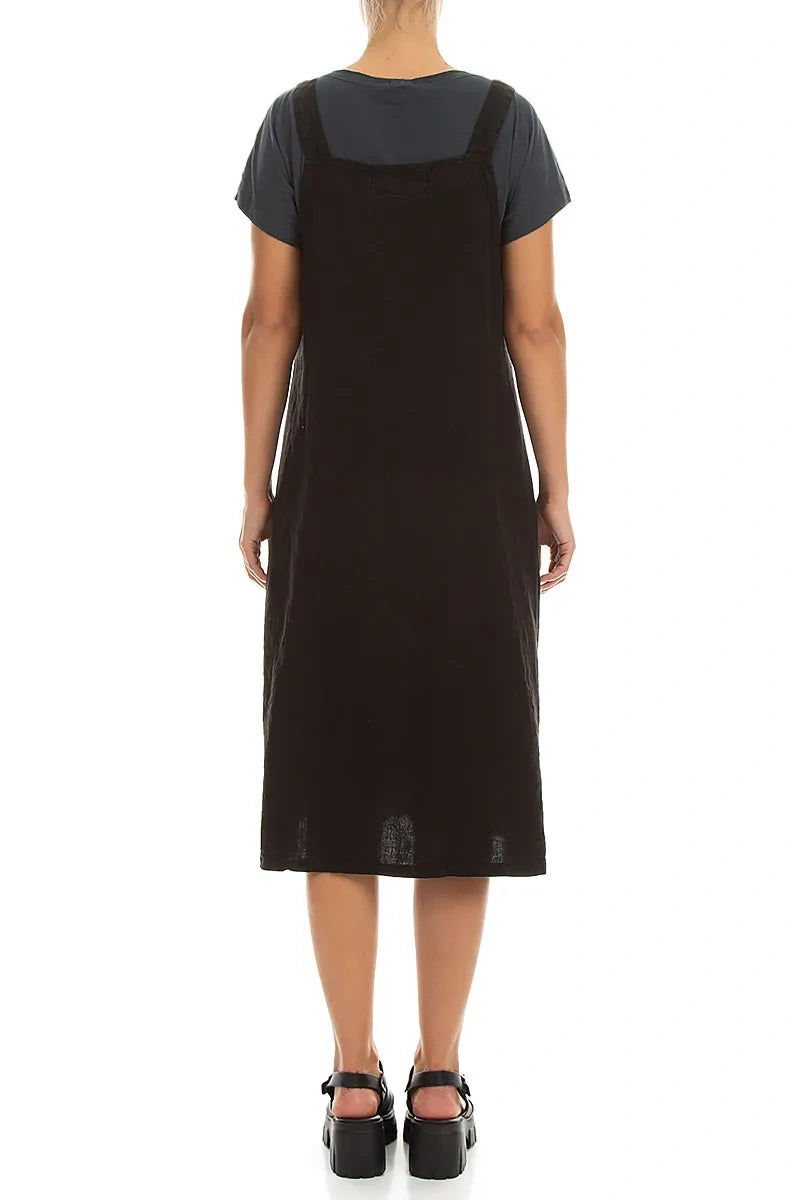 Schwarzes Leinen-Trägerkleid mit Seitentasche