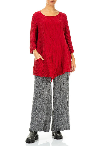 Side Pocket Crinkled Cherry Red Silk Linen Tunic 5