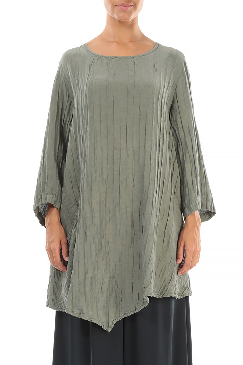 Side Pocket Crinkled Silver Sage Silk Linen Tunic 1