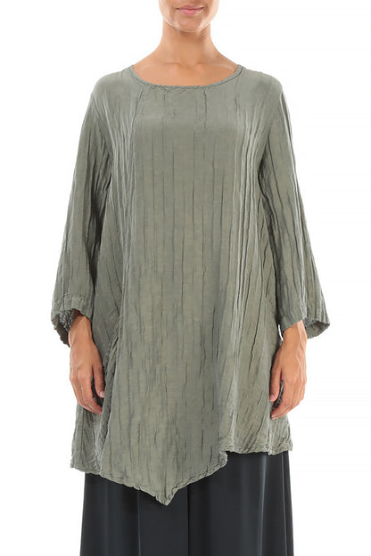 Side Pocket Crinkled Silver Sage Silk Linen Tunic 1