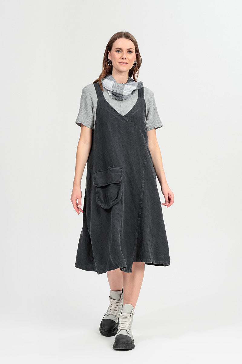 Side Pocket Graphite Linen Pinafore Dress 1