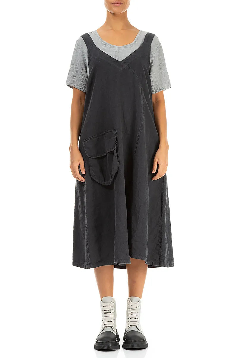 Side Pocket Graphite Linen Pinafore Dress 2