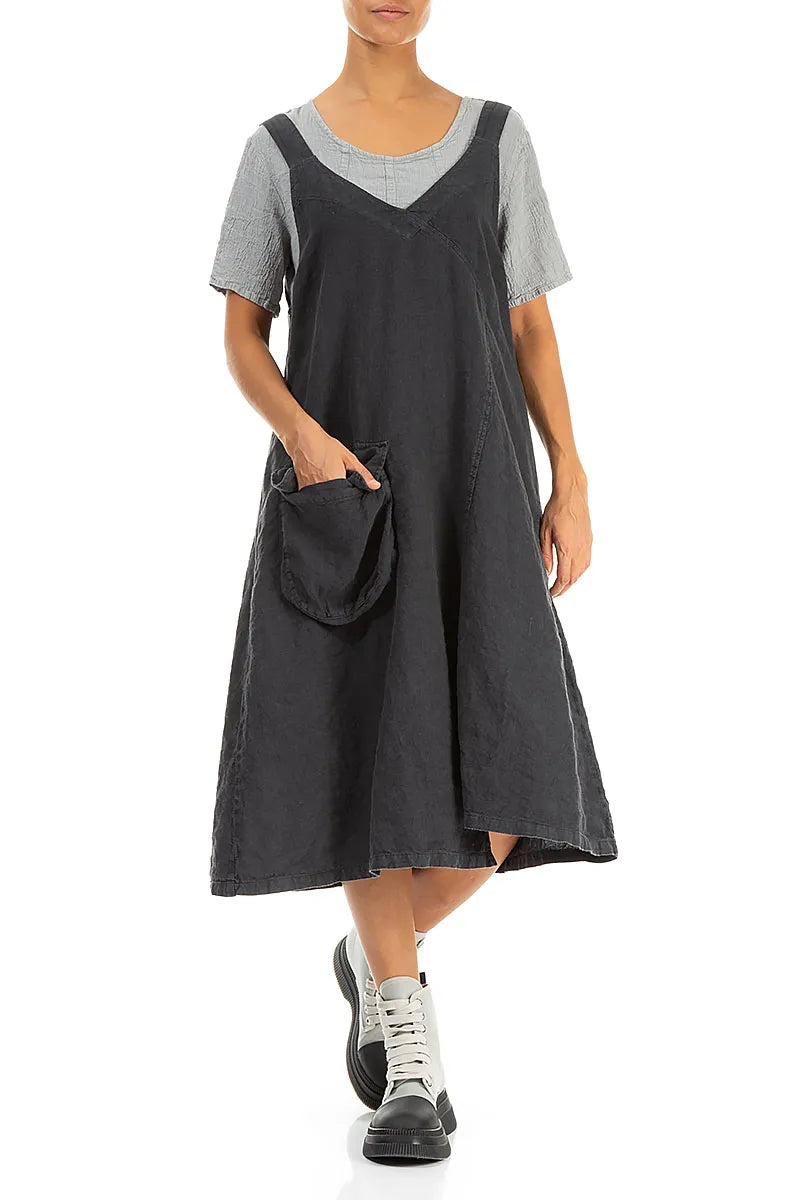 Side Pocket Graphite Linen Pinafore Dress 5