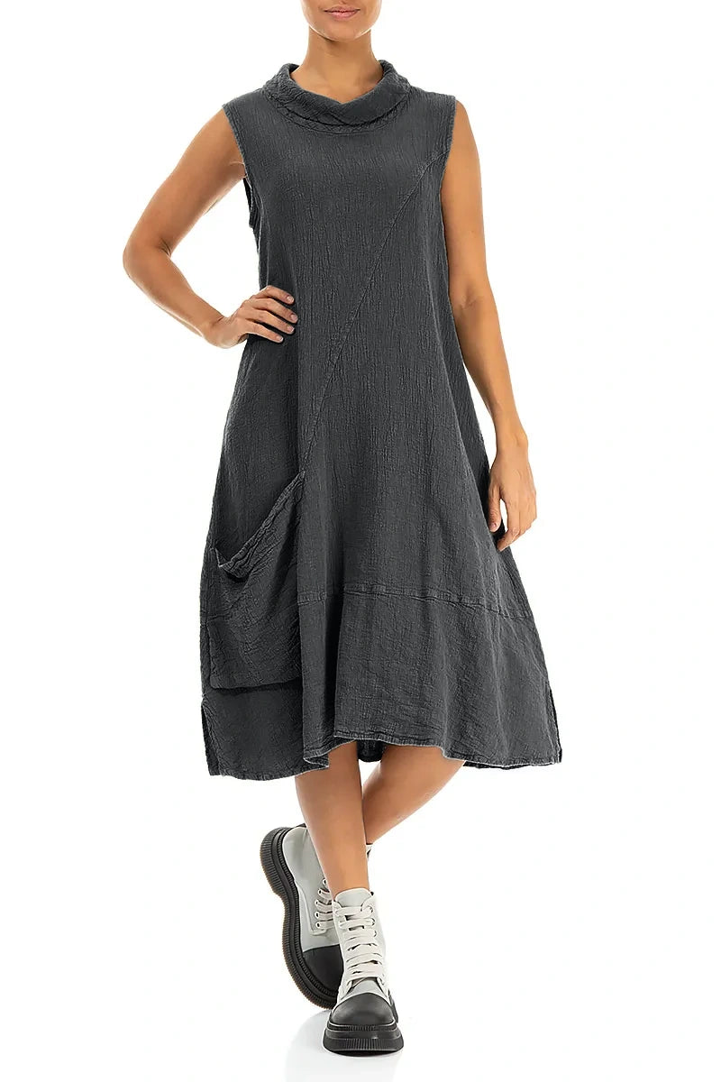 Side Pocket Graphite Textured Linen Dress 3