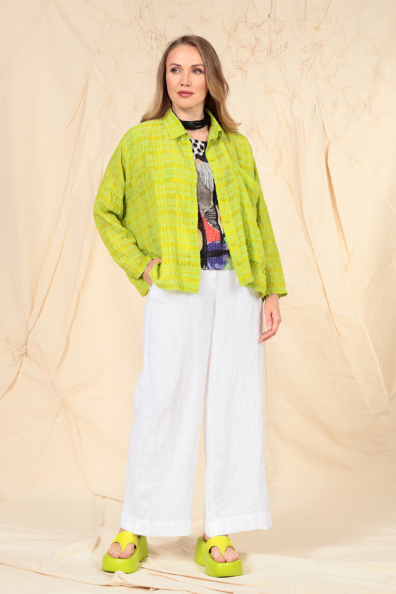 Side Pocket Lime Checkered Silk Cotton Jacket Shirt 5