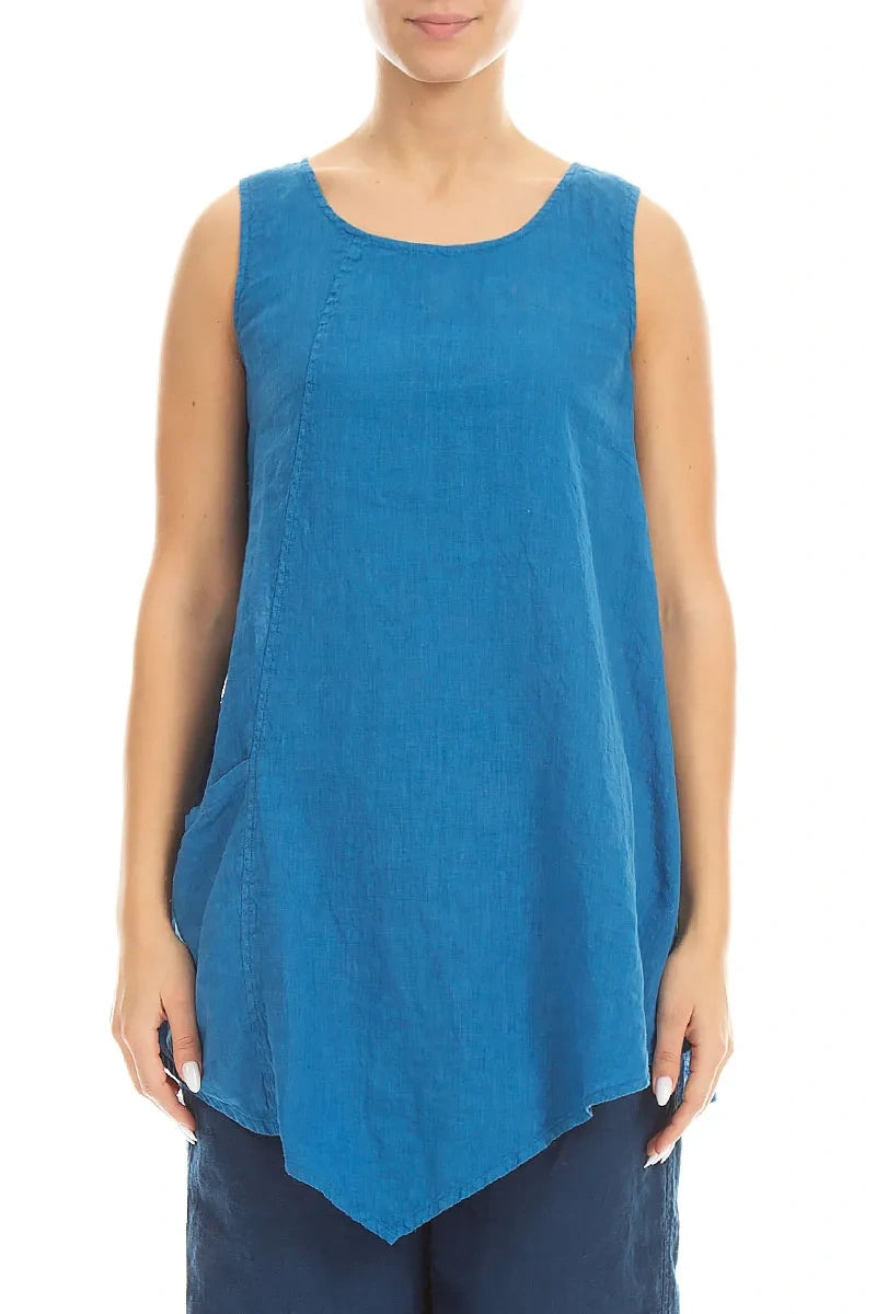 Side Pocket Sleeveless Cobalt Blue Linen Tunic 1