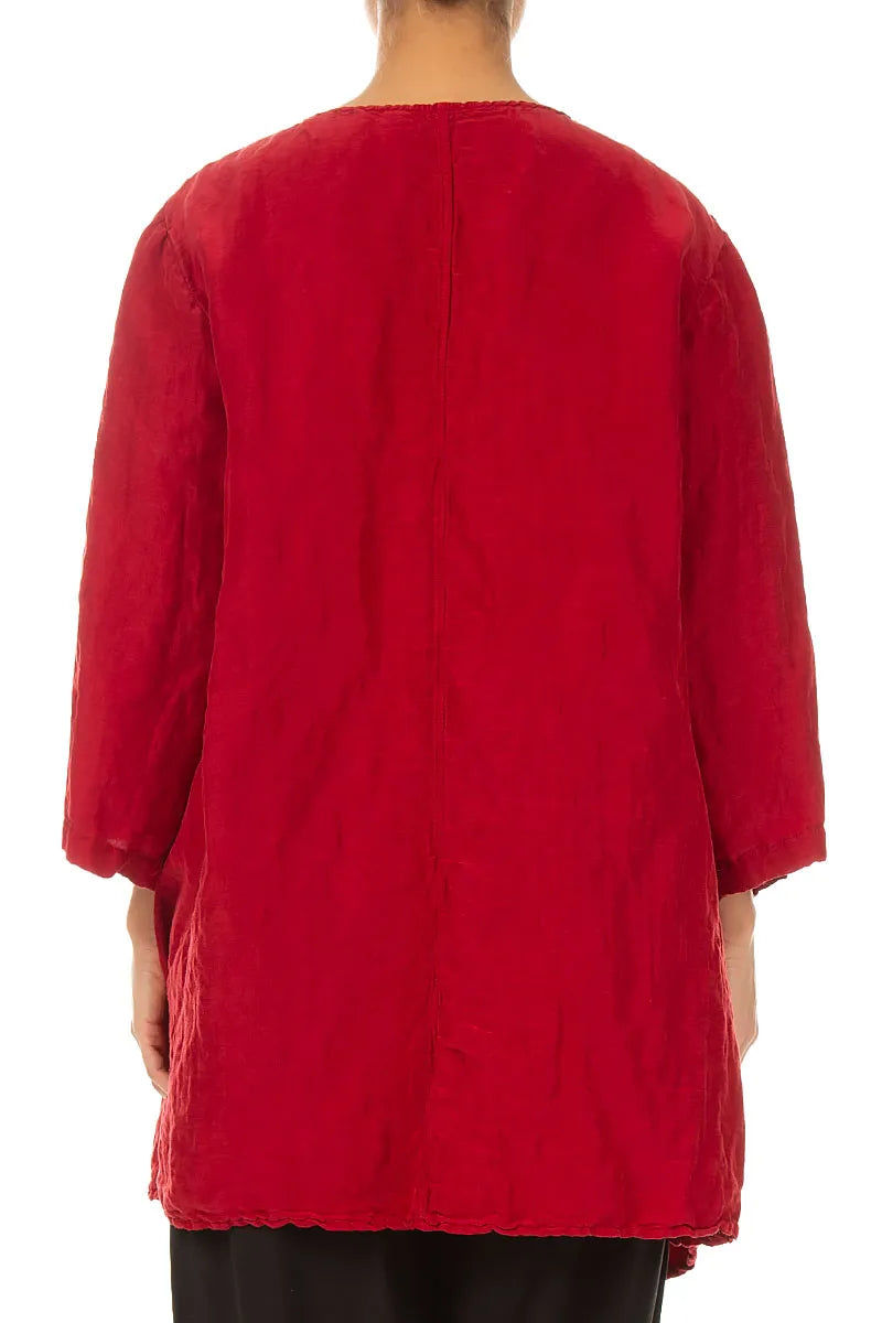 Side Pocket Textured Cherry Red Silk Linen Tunic 2