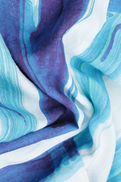 Ärmelloses Leinenkleid mit V-Ausschnitt, blauem Pinselstrich und Seitentaschen