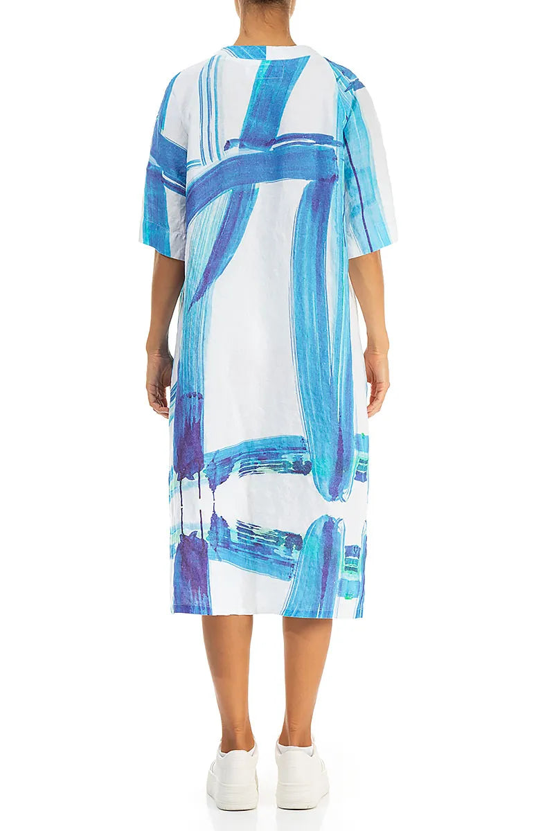 Ärmelloses Leinenkleid mit V-Ausschnitt, blauem Pinselstrich und Seitentaschen