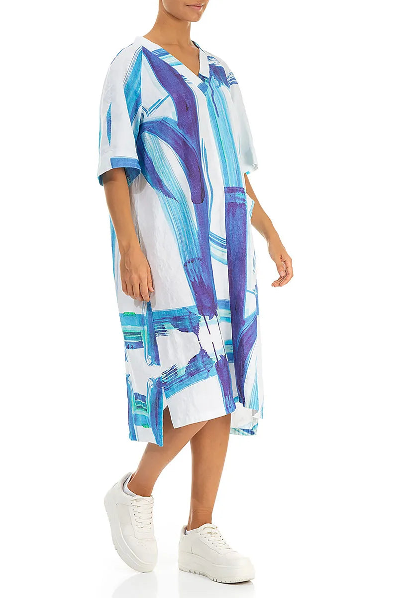 Ärmelloses Leinenkleid mit V-Ausschnitt, blauem Pinselstrich und Seitentaschen