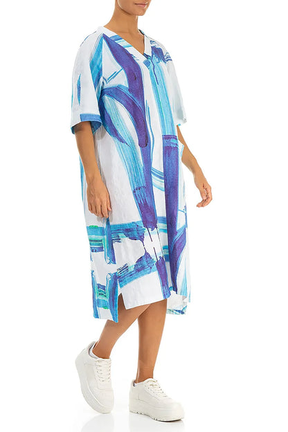 Ärmelloses Leinenkleid mit V-Ausschnitt, blauem Pinselstrich und Seitentaschen
