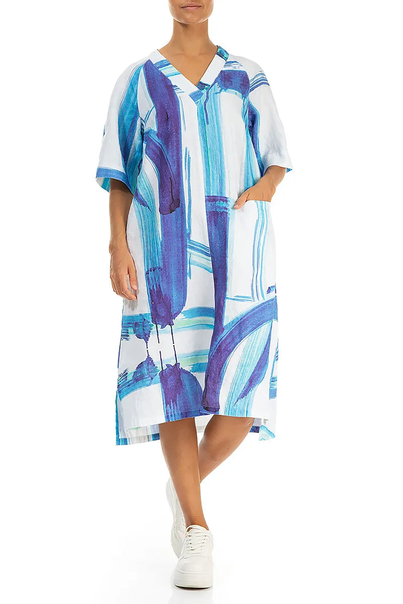 Ärmelloses Leinenkleid mit V-Ausschnitt, blauem Pinselstrich und Seitentaschen