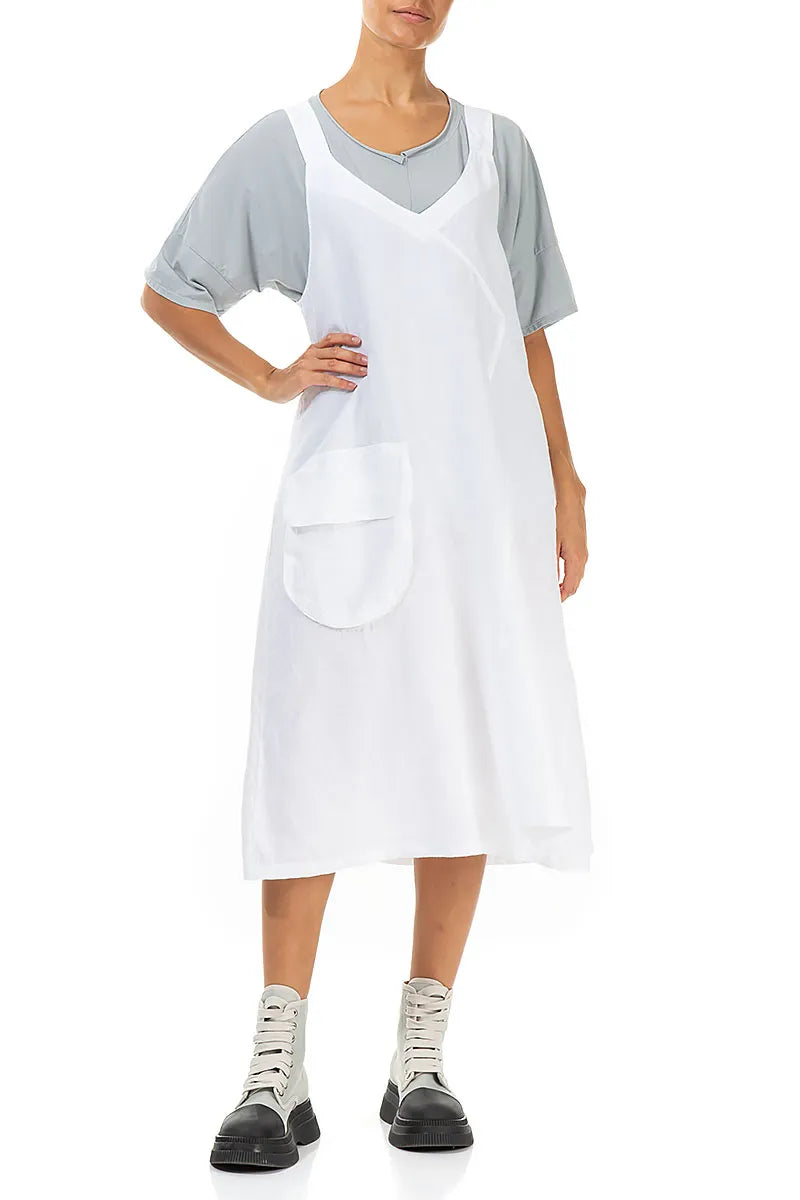 Side Pocket White Linen Pinafore Dress 4