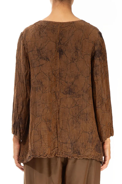 Side Pockets Crinkled Aged Copper Marble Silk Linen Blouse