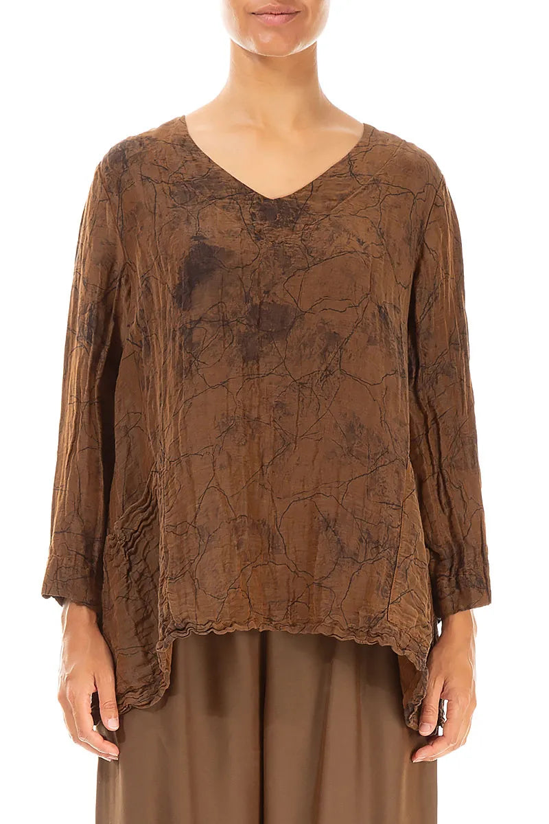 Side Pockets Crinkled Aged Copper Marble Silk Linen Blouse