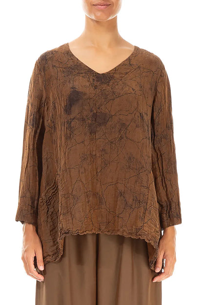 Side Pockets Crinkled Aged Copper Marble Silk Linen Blouse