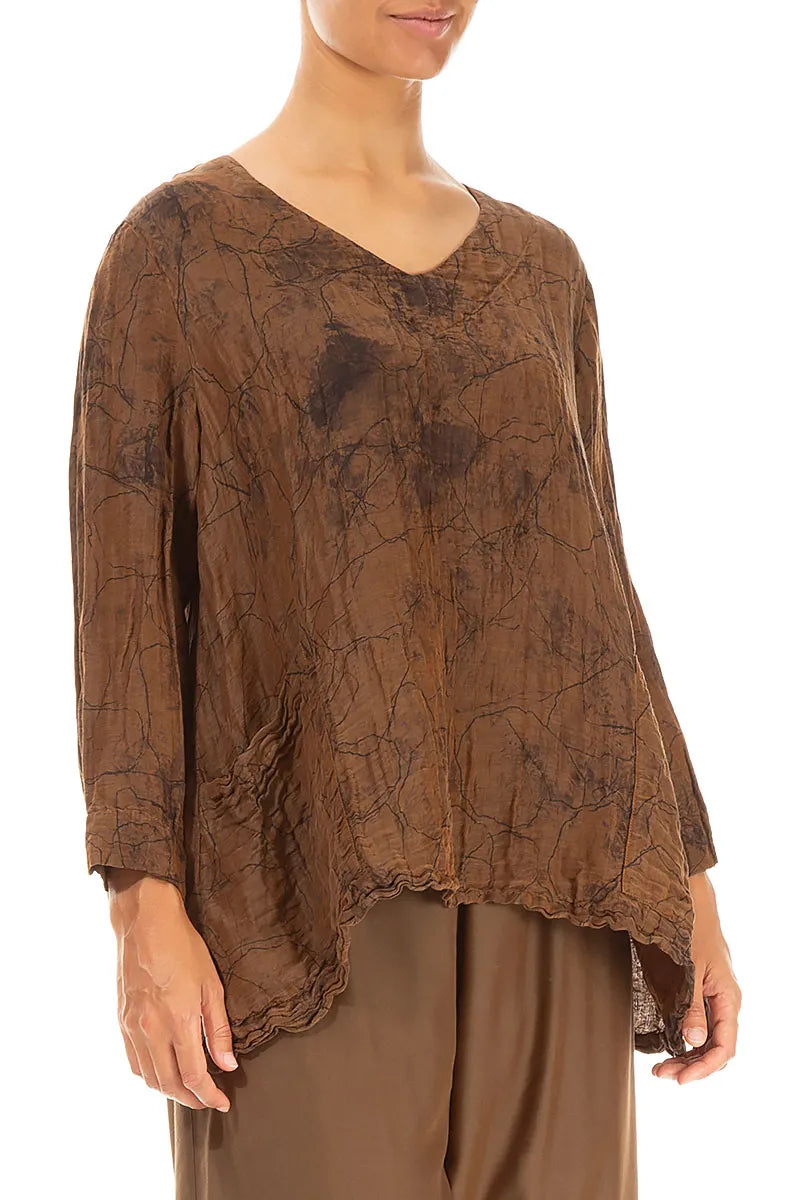 Side Pockets Crinkled Aged Copper Marble Silk Linen Blouse
