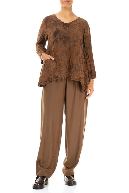 Side Pockets Crinkled Aged Copper Marble Silk Linen Blouse