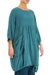 Side Pockets Green Ocean Silk Wool Tunic 3