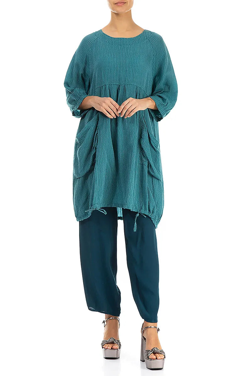 Side Pockets Green Ocean Silk Wool Tunic 4
