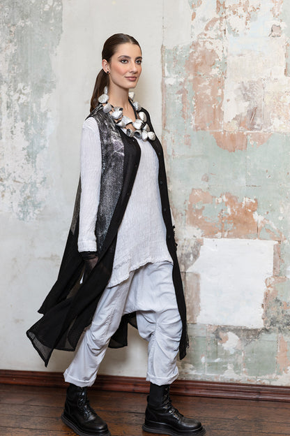 Side Pockets Pearl Grey Plissé Silk Blouse 7