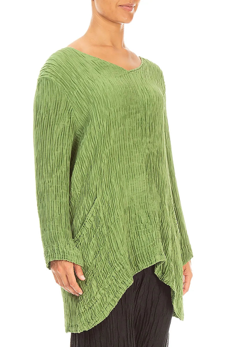 Side Pockets Shamrock Green Plissé Silk Blouse 3